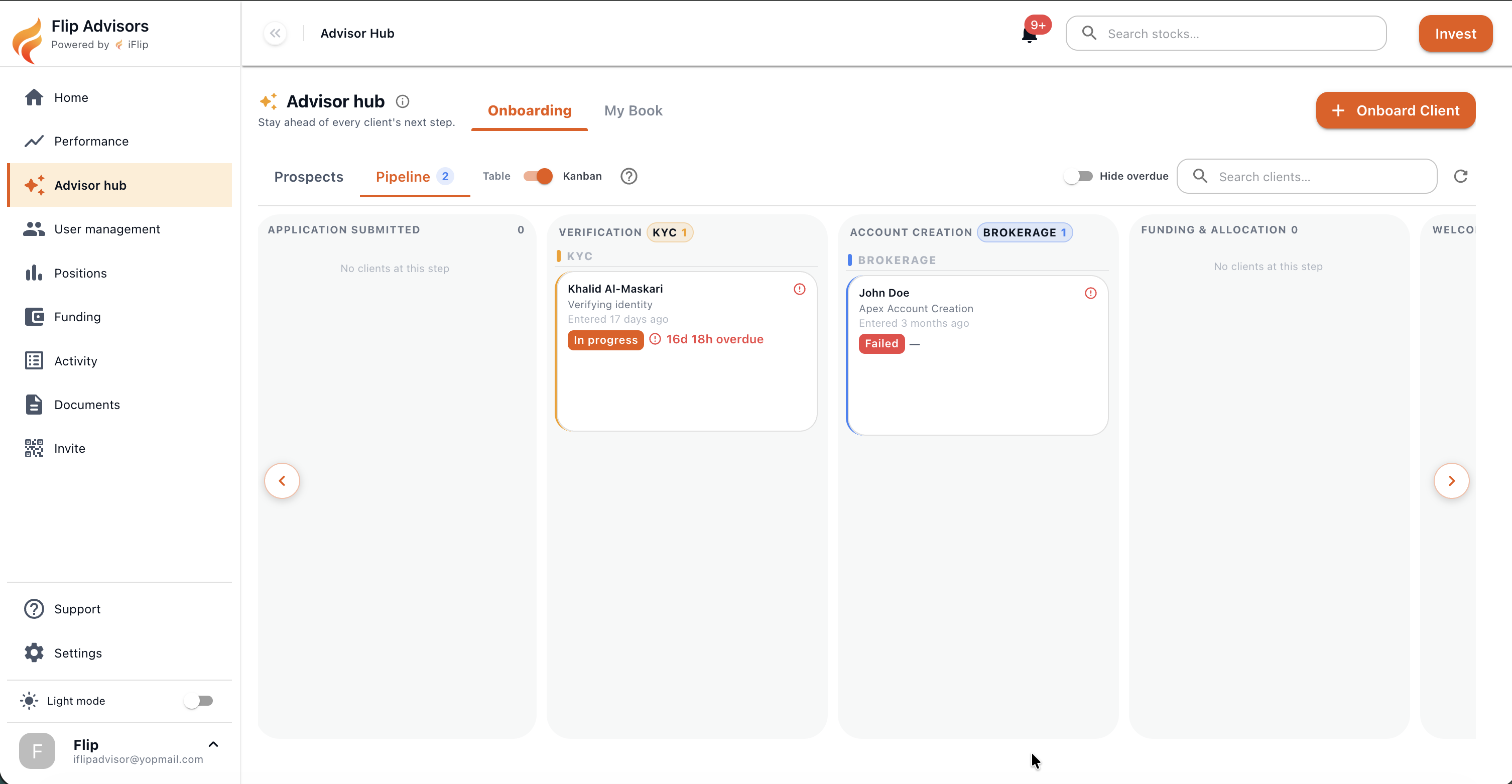 AdvisorLayer Advisor Hub onboarding pipeline showing client verification, account creation, and funding stages