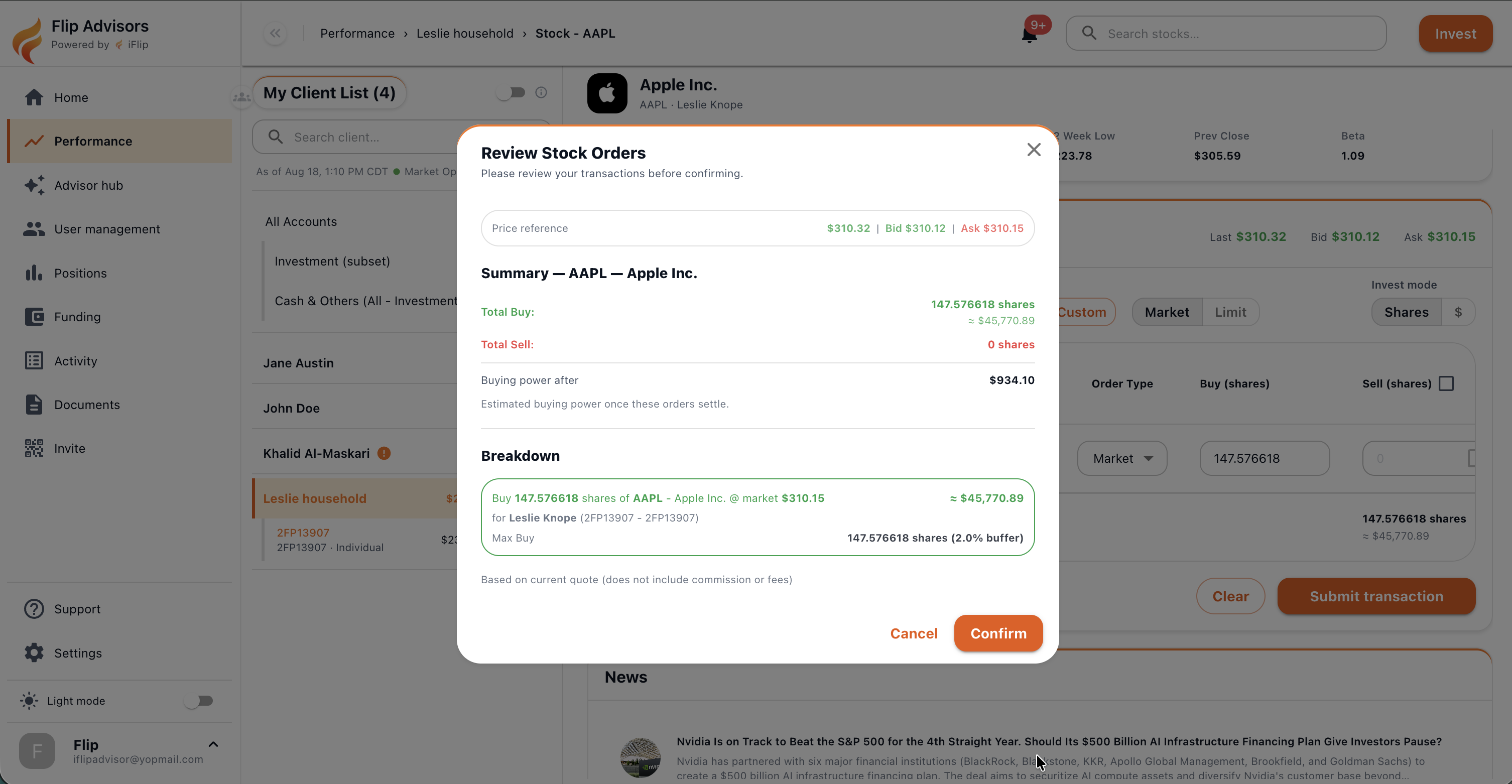 AdvisorLayer trade review dialog showing an order summary and confirmation controls