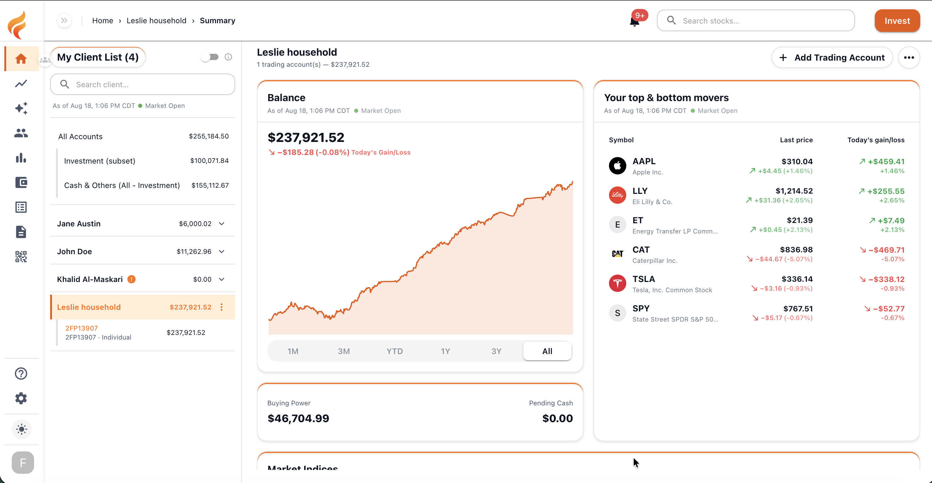 AdvisorLayer portfolio workspace showing household balances, holdings, and performance